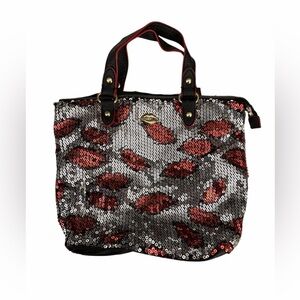 JUICY COUTURE Sequin💋 Red 💋Lips Tote Purse Sequins Hot Lip 14” X 10” X 4”
